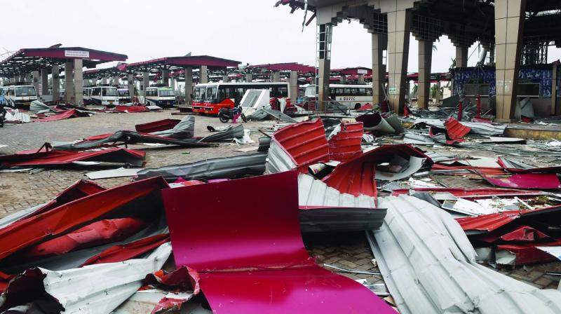 Debris litters the floor at a bus stand in Puri on Sunday after cyclone Fani swept through the area. (Photo: AFP)