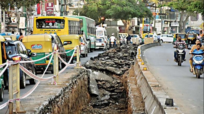 The 80 Feet Road near the BMTC Complex in Koramangala dug up by the KPTCL to lay underground cables