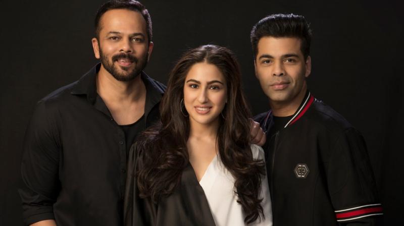 Rohit Shetty, Sara Ali Khan and Karan Johar in the annoucement picture for Simmba.