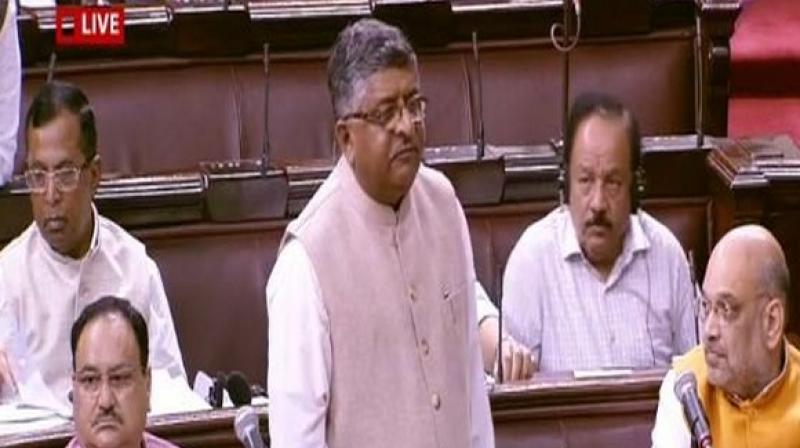 After getting a nod in Lok Sabha, Union Minister Ravi Shankar Prasad tabled the contentious triple talaq bill for consideration and passage in the Rajya Sabha on Tuesday. (Photo: Twitter/ ANI)