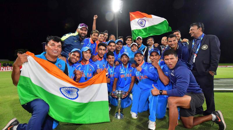India lifted their record fourth World Cup trophy as they chased 217-run target posted by Australia in just 38.5 overs, with the help of Manjot Kalras magnificent unbeaten knock of 101 runs. (Photo: AFP)
