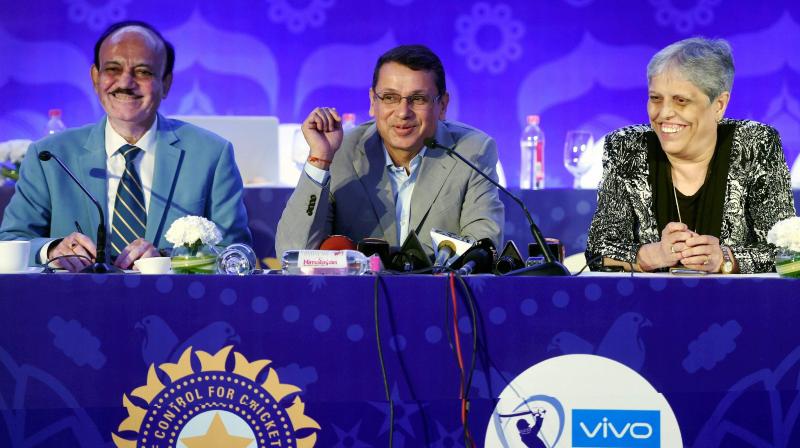 Star India CEO Uday Shankar flanked by BCCI president C K Khanna and Diana Edulji member of CoA BCCI at a press meet. (Photo: PTI)