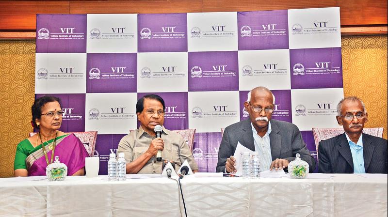 VIT Chancellor G. Viswanathan, shares the future plans of his VIT in the wake of receiving the Institution of Eminence (IoE) tag from the Central government, in the city on Tuesday. VIT Pro-Vice Chancellor Kanchana Bhaskaran V. S., Vice Chancellor Anand A. Samuel and Pro-Vice Chancellor S. Narayanan are also seen. (Photo: DC)