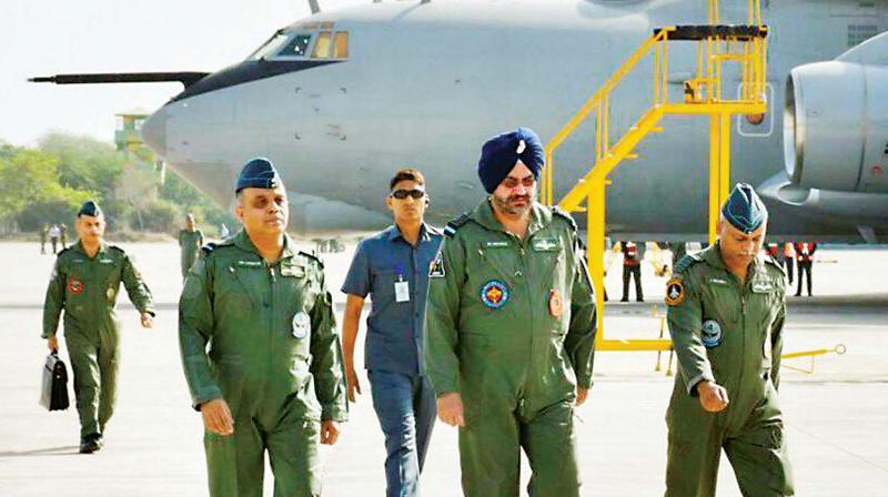 Air Chief Marshal B.S. Dhanoa after flying in AWACS, at Air Force Station in Agra on Saturday (Photo: PTI)