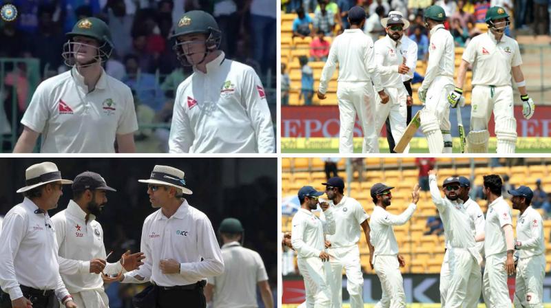 Steve Smith left Virat Kohli-led India miffed when he looked towards the dressing room for advice on whether to review a lbw dismissal in the Bengaluru Test. (Photo: BCCI / PTI / AP / Screengrab)