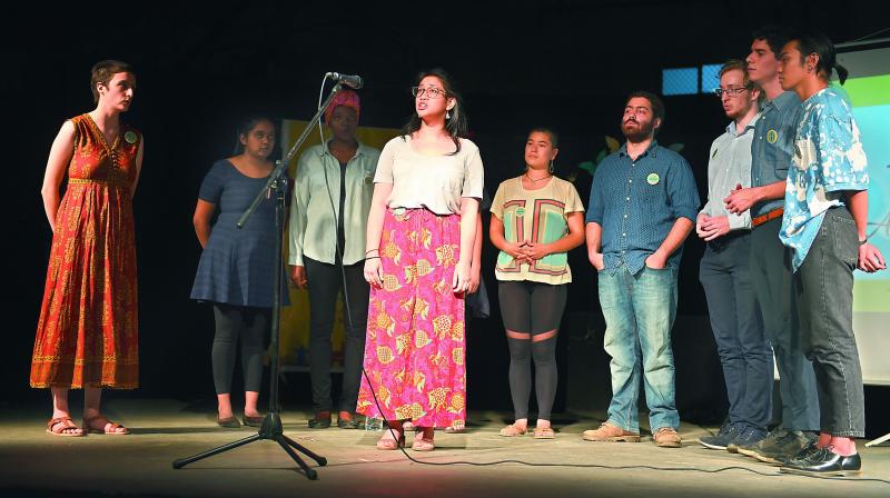 World without stage fear!  echoed the audience as the International Storytelling Festival began at the Apollo Foundation Theatre on Saturday evening.