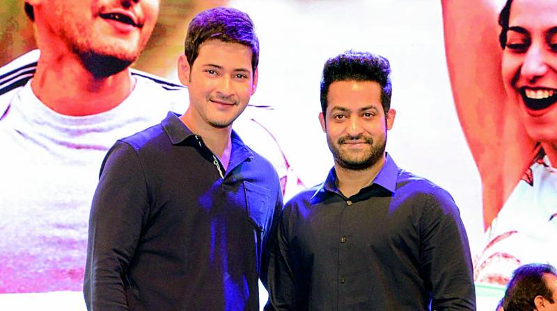 Mahesh Babu and Jr NTR at the pre-release event of Bharat Ane Nenu.