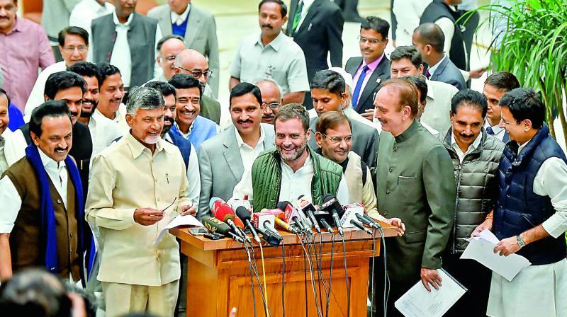 Grand alliance members  DMK president M.K. Stalin, AP CM N. Chandrababu Naidu, Congress president Rahul Gandhi, LJD leader Sharad Yadav, Congress leader Ghulam Nabi Azad and other party leaders address the media after a meeting of Opposition parties in New Delhi.  (PTI)
