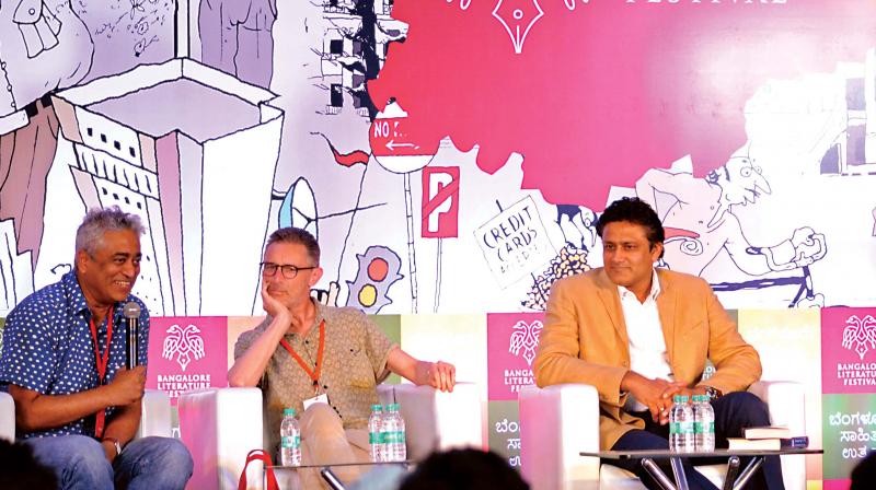 Journalists Rajdeep Sardesai (from L), Gideon Haigh, and former India cricket captain Anil Kumble at the Bengaluru Literature Festival on Saturday (Photo: DC)