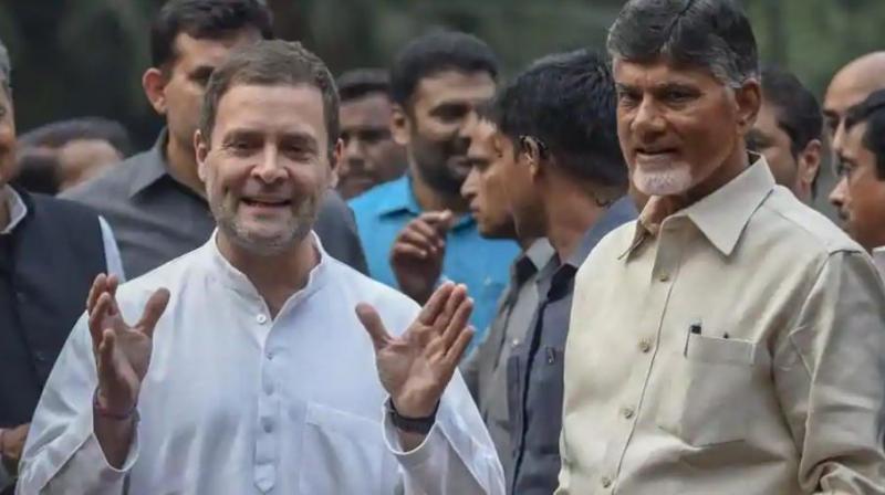 Rahul and Chandrababu have pulled off quite a coup by joining hands, putting aside their 36-year rivalry, as the Telugu Desam Party was founded by Naidus father-in-law NT Rama Rao on an anti-Congress agenda. (Photo: PTI)