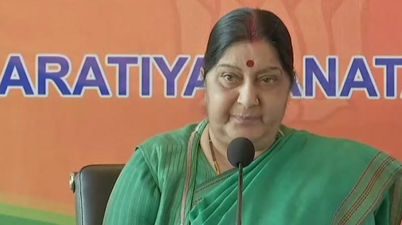 Swaraj, who is campaigning here ahead of the Telangana elections on December 7, was addressing a press conference. (Photo: ANI | Twitter)