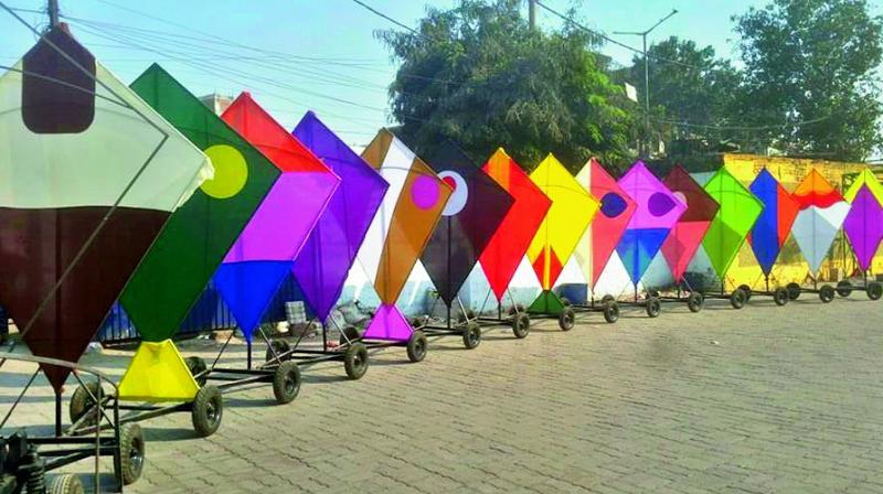 One of its kind train with 16 colourful kites designed and built by the Guinness Book World Record holder K. Sudhakar of Sudha Cars Museum being displaced at The Country Club, Begumpet on Saturday. 	 Via Facebook