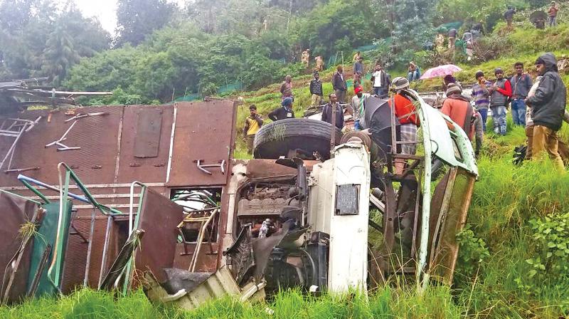 The mangled remains of the TNSTC bus which rolled down the slopes at Manthada near Ooty.	DC