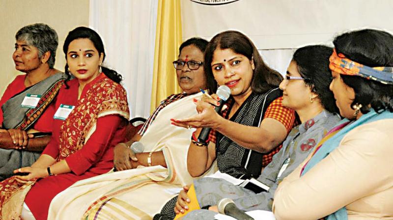 KPCC Vice President Kavitha Reddy, Former Minister Motamma, Journalist Vasanthi Hariprakash at India Womens Caucus Meeting in Bengaluru on Saturday (Photo: KPN)