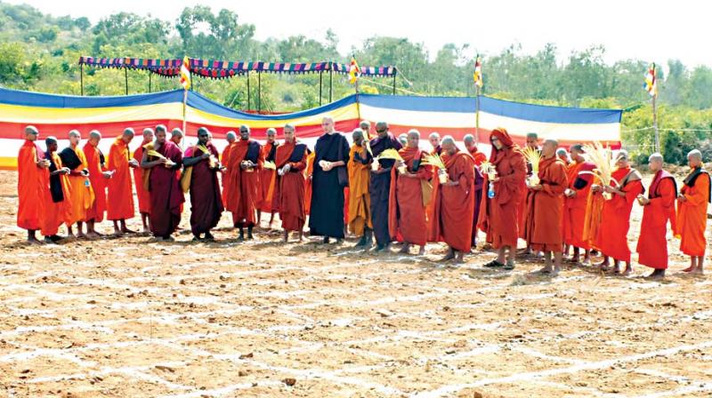 Monks offer prayers during the ground breaking ceremony for Nalanda study centre of Nalanda Buddha University in Chamarajanagar on Saturday (Photo: KPN)
