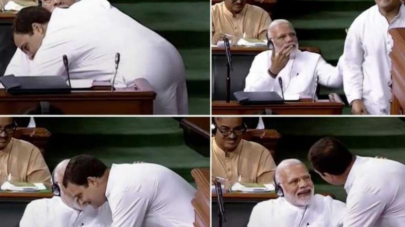 Congress President Rahul Gandhi on Friday surprised the Lok Sabha when after bitterly criticising the BJP-led government during the no-confidence motion, walked across to the treasury benches and hugged Prime Minister Narendra Modi. (Photo: PTI)