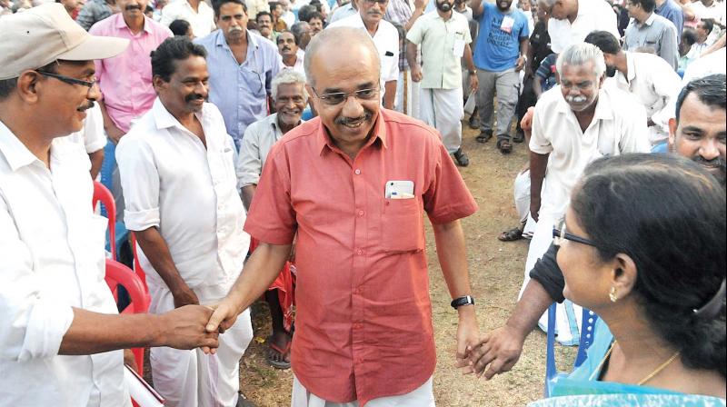 LDF candidate for Kozhikode A. Pradeep kumar, MLA, arrives at the LDF election convention at Muthalakulam in Kozhikode on Monday - Venugopal
