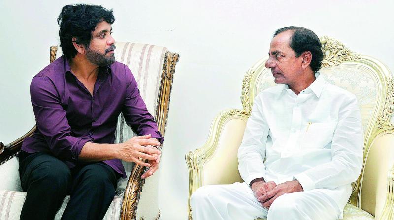 Image result for KCR with Dil Raju and Nagarjuna