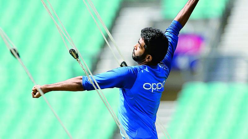 Jasprit Bumrah bowls in the nets during a training session at The Oval in London on Thursday. (Photo: AP)
