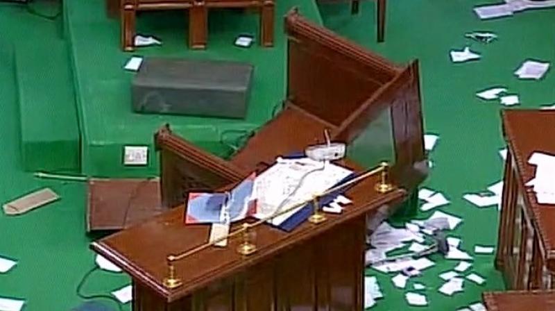 DMK MLAs went on rampage in Tamil Nadu Assembly during trust vote. (Photo: ANI Twitter)