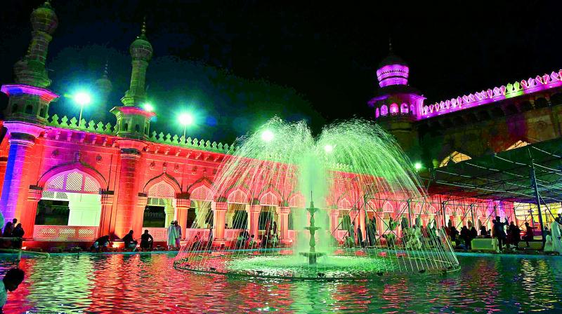 The historic Macca Masjid is illuminated to mark Shab-e-Meraj in Hyderabad on Wednesday. (Photo: Style Photo)