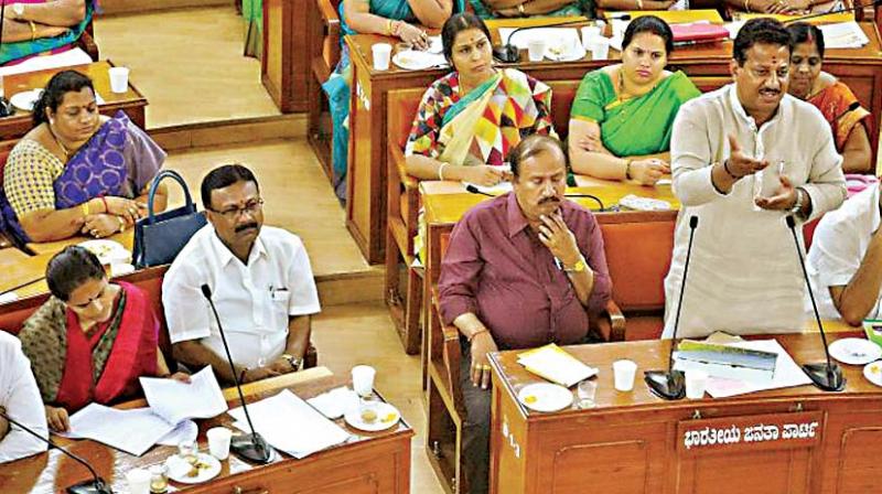 A file photo of BJP MLA S.R. Vishwanath speaking at a BBMP Council meeting