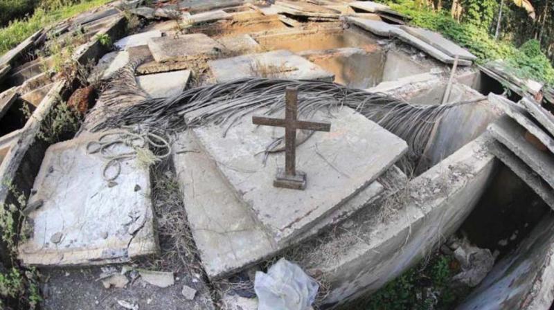The dug up tombs of Little Flower Church, Pushpagiri Parish, Thamarassery diocese near Koodarinji, from where mortal remains were allegedly smuggled out by church authorities