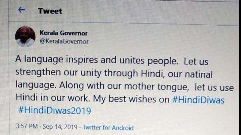 Thiruvananthapuram: Row over Governor pro-Hindi tweet