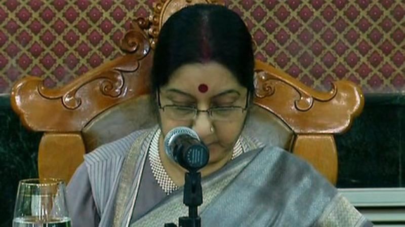 Sushma Swaraj also shared in her speech that she will attend a birth centenary of a 19th Kushok Bakula Rinpoche who happened to be Indias ambassador to Mongolia. (Photo: ANI)
