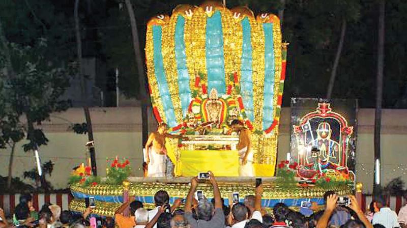 On Tuesday after performance of sudarsana homam and Thirumanjanam, perumal was taken to the float.