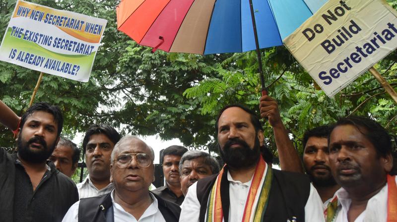 TPCC chief N. Uttam Kumar  Reddy, former MP V. Hanumatha Rao and party activists stage a protest the state governments proposal to construct a new Secretariat complex in the Bison Polo Grounds, on Wednesday. (Photo: DC)
