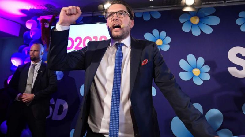 Sweden Democrats leader Jimmie Akesson celebrates at the election party in Stockholm. (Photo: AP)