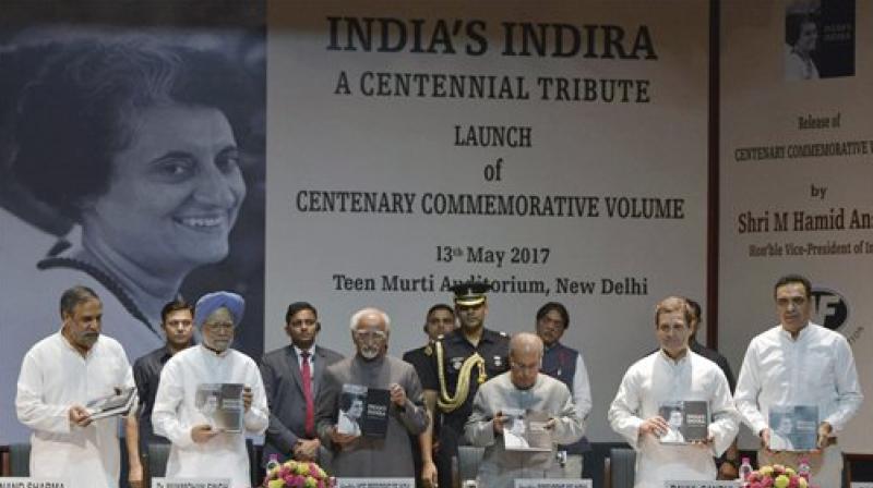 President Pranab Mukherjee with Vice President M Hamid Ansari, former PM Manmohan Singh, Congress vice President Rahul Gandhi and senior Congress leader Anand Sharma during the launch of a commemorative volume on former Prime Minister Indira Gandhi in New Delhi on Saturday. (Photo: PTI)