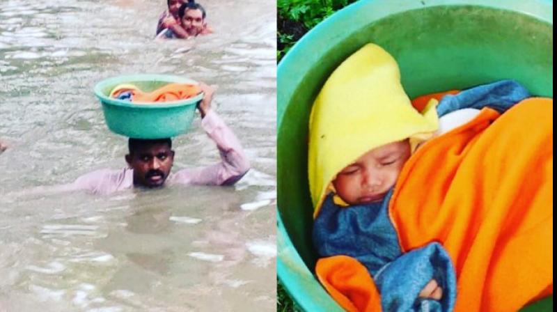 Video: Gujarat cop carries baby girl on his head as he wades through neck-deep water
