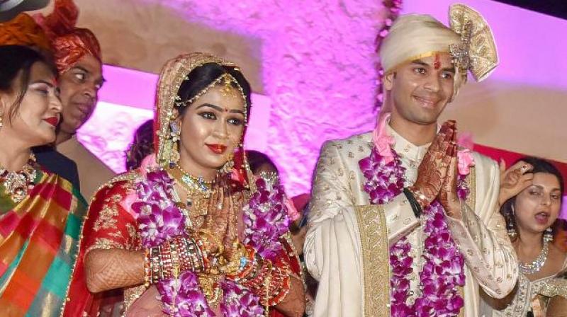 Tej Pratap Yadav tied the nuptial knot with Aishwarya Roy, who is the daughter of RJD MLA Chandrika Rai. (Photo: PTI)
