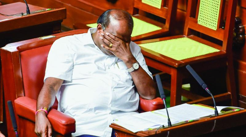 Karnataka chief minister H.D. Kumaraswamy during the vote of confidence in Assembly Session at Vidhana Soudha in Bengaluru on Tuesday.(Photo: AP)
