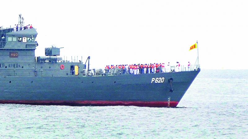Sri Lankan Naval ship Sayura sails close to the sea shore as it enters the Visakhapatnam harbour on Thursday, after taking part in the SLINEX 2017, a bi-lateral Naval Exercise between India and Sri Lanka. (Photo: DC)