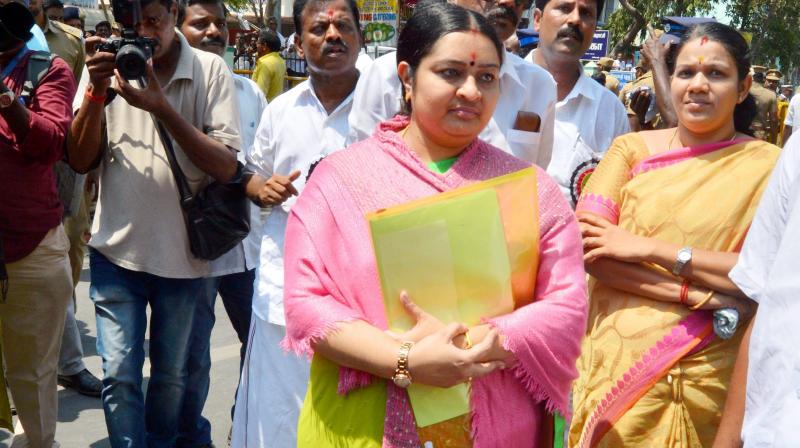 Deepa Jayakumar, niece of late Chief Minister J Jayalalithaa, wait to file her nomination papers for RK Nagar Assembly seat in Thondayarpettu, Chennai. (Photo: PTI)