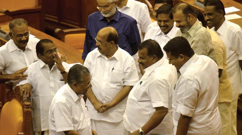 Chief Minister Pinarayi Vijayan with LDF MLAs and ministers before the presentation of the Solar Commission report in the Assembly on Thursday. (Photo: Peethambaran Payyeri)