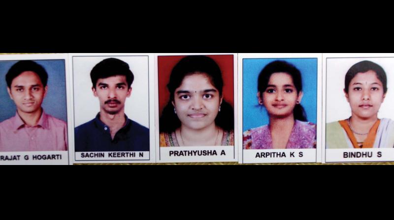 From left, Rajat G. Hogarti, Sachin Keerthi N, Prathyusha A, Arpitha K.S. and  Bindhu S. who topped BE exams in their respective streams. (Photo: DC)