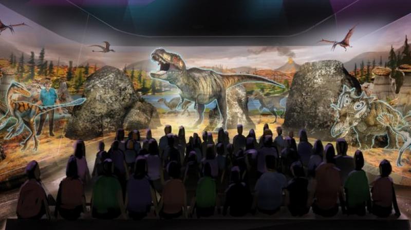 This undated artist rendering provided by BASE Hologram shows a prototype three-dimensional hologram display for a dinosaur exhibit. Horner and entertainment company Base Hologram are aiming to have multiple traveling exhibits ready to launch in spring 2018. (BASE Hologram via AP)