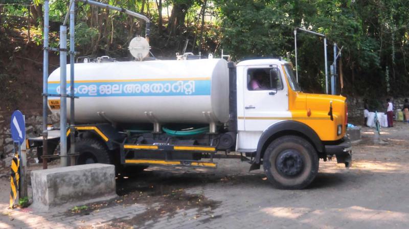 A tanker lorry stocking up water on KWA premises in Vellayambalam. (File pic)
