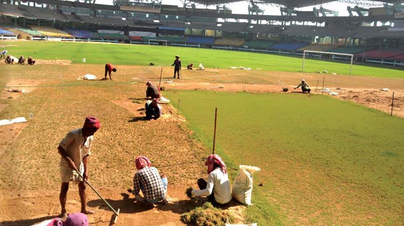 Ground works ahead of U-17 FIFA World Cup to be held in September, in progress at Jawaharlal Nehru International Stadium in Kochi on Friday.(Photo: DC)