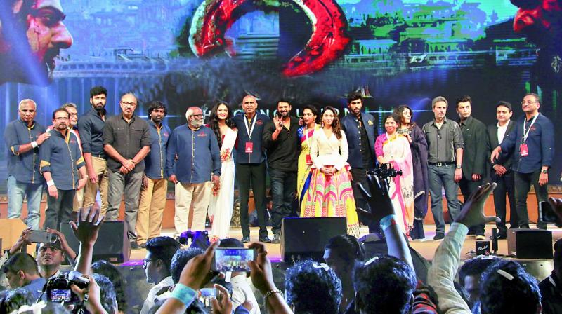 All together: Team Baahubali on stage at the promotional event that was held in the city on Sunday evening.