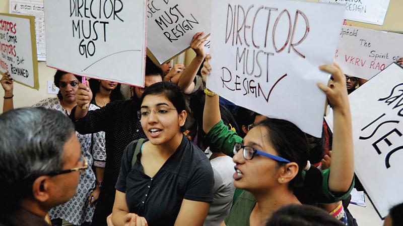 ISEC research scholars protest in support of their demands in Bengaluru on Monday. (Photo: DC)