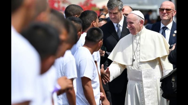 Pope Francis (R) greets young detainees before leaving Las Garzas youth detention centre in Pacora, on the outskirts of Panama City, on January 25, 2019, during his visit to Panama for World Youth Day. (Photo:AFP)
