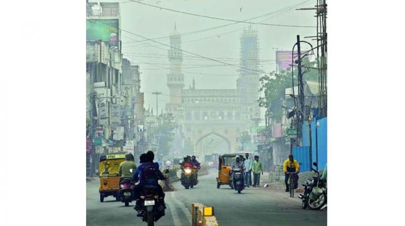 Foggy weather dims the view of the historic Charminar on Monday as winter is on its peak. (Photo: Style photo service)