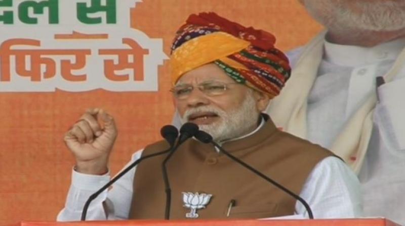 Addressing a rally at Hanumangarh in Rajasthan Prime Minister Narendra Modi said Kartarpur is in Pakistan today because the then Congress leaders had no idea about importance of Guru Nanak Dev and had no respect for Sikh sentiments. (Photo: ANI)