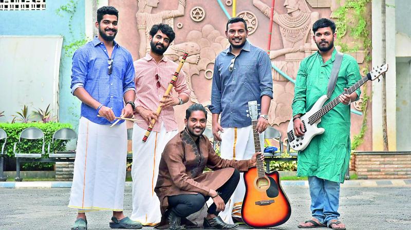 Vaishak Menon, Falak Chhaya, Krishnan Ganesan, Sagar Ramchandruni with Sweekar Agasthi (seated). The team is working on making a best costume, but for now dhoti has been a signature for them.