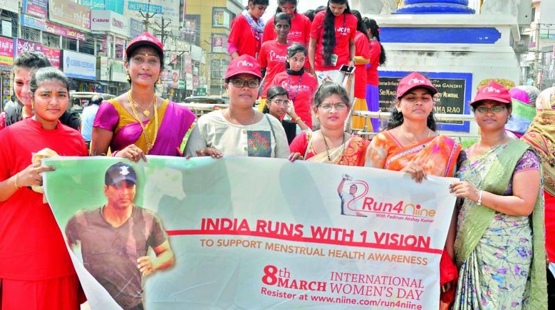 College girls conduct a rally to create awareness  on women health as part of International Womens Day in Nellore on Friday. (Photo: DC)